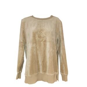 EUC Michael Kors Tan Velour Velvet Long Sleeve Vintage Shirt MK Gemstones Sz Med